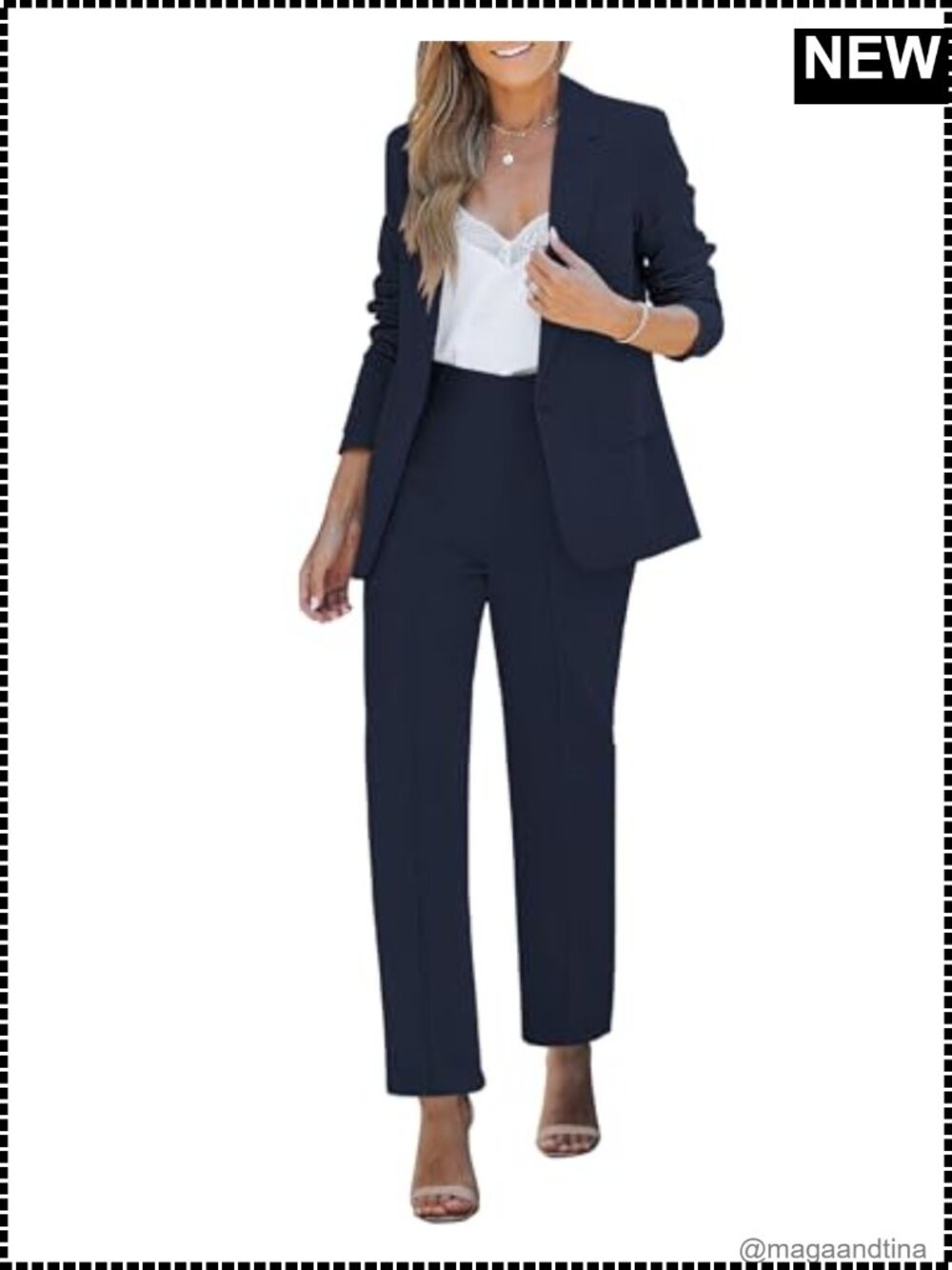 Two Piece Pantsuit Set Polyester Blend Blazer & Straight Leg Pants Business